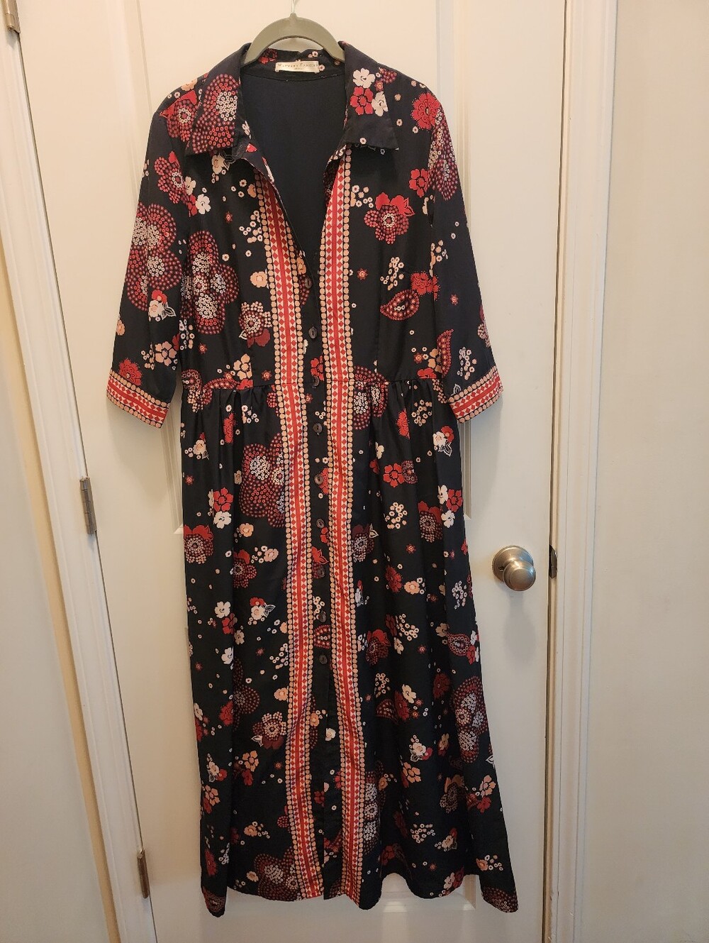 eshakti Navy Maxi Dress with Red and White Floral Print